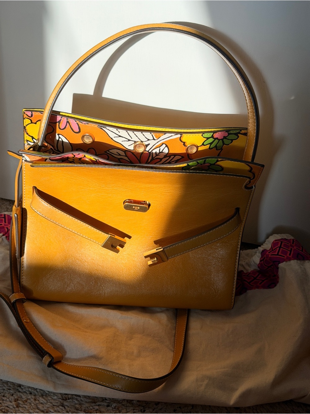 RARE Tory Burch Lee Radziwill Glazed Double Bag Deep Sunflower Floral